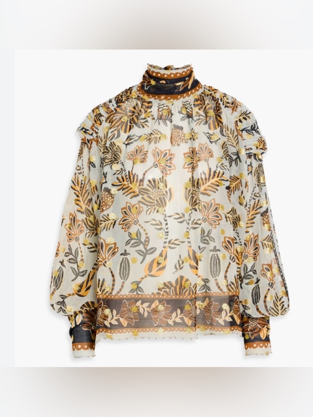 Farm Rio Silver Metallic Floral Beehive Tapestry Long Sleeve Blouse Size Medium